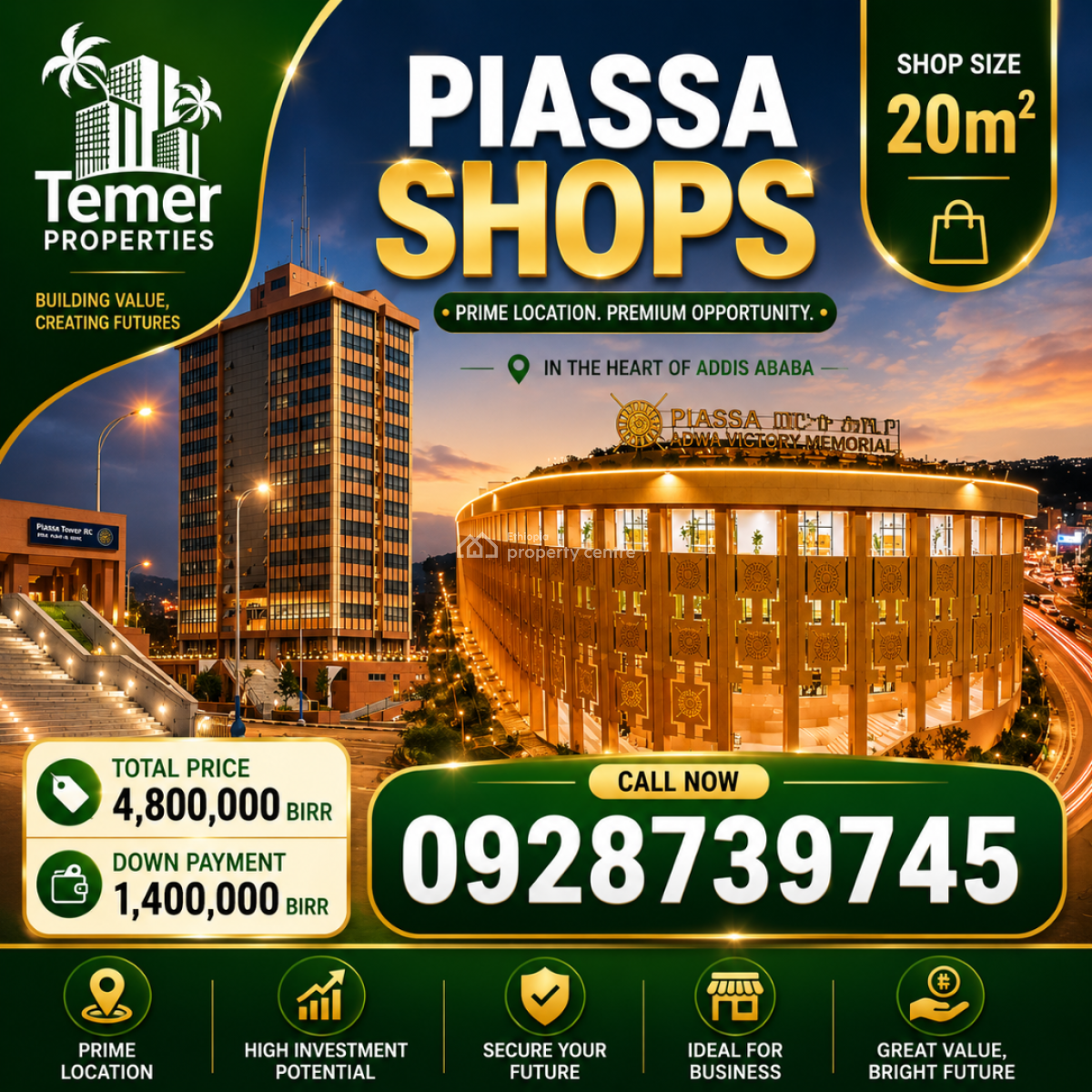Shops in Piassa From Temer Realestate /temer Properties /ቴምር ፕሮፐርቲስ/ቴም, Piassa, Arada, Addis Ababa, Shop for Sale