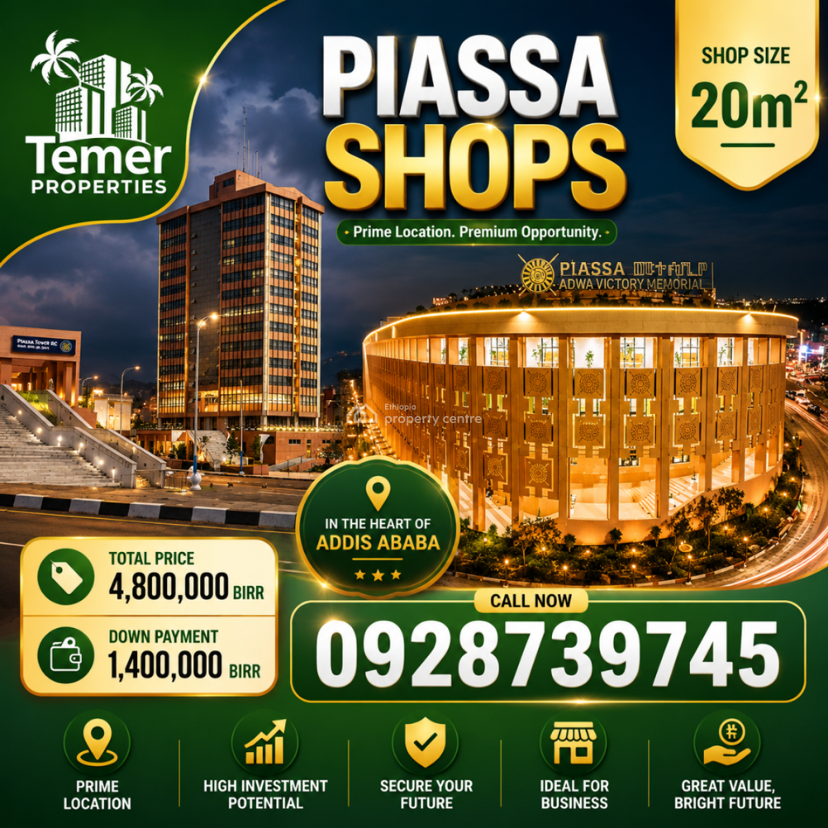 Shops in Piassa From Temer Realestate /temer Properties /ቴምር ፕሮፐርቲስ/ቴም, Piassa, Arada, Addis Ababa, Shop for Sale