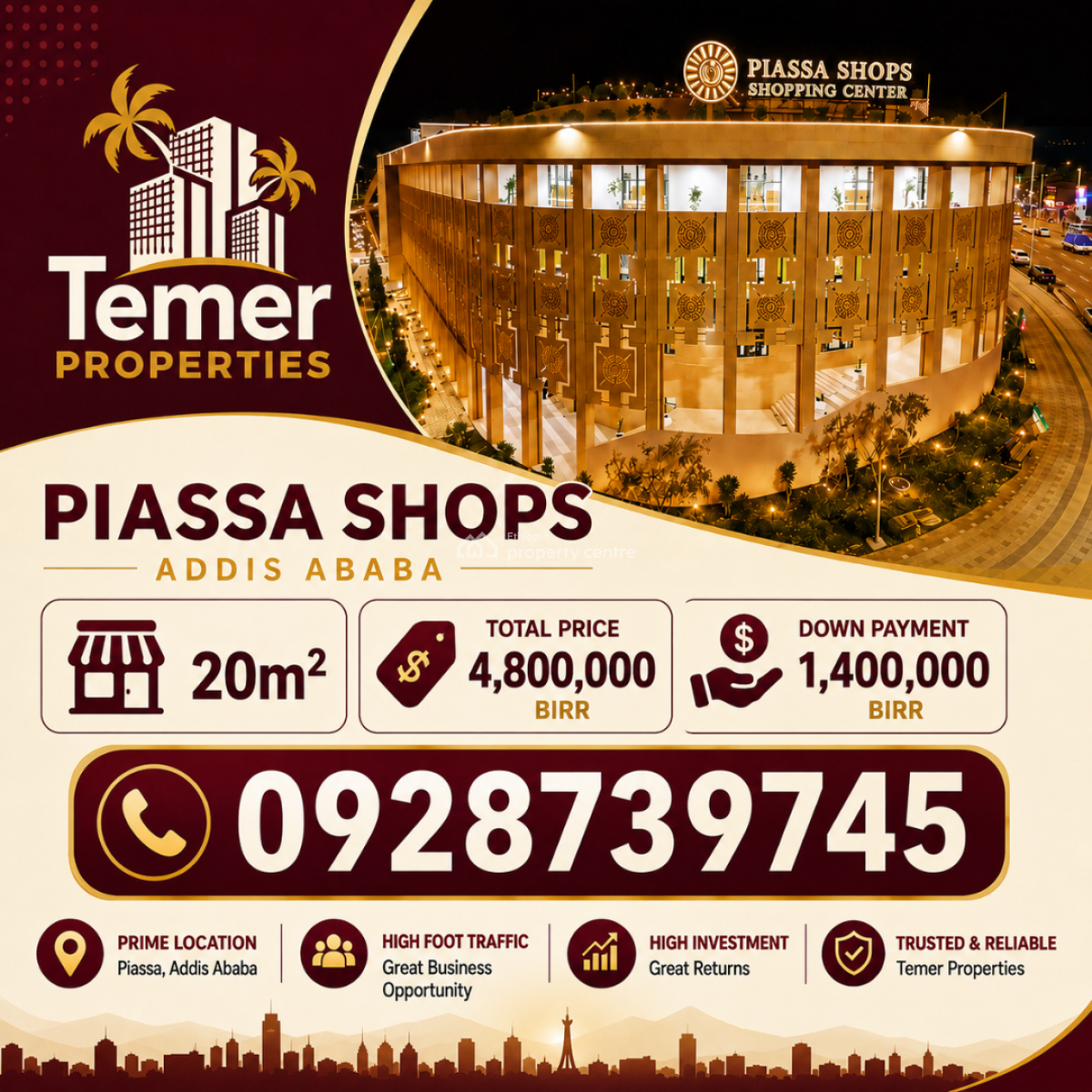 Shops in Piassa From Temer Realestate /temer Properties /ቴምር ፕሮፐርቲስ/ቴም, Piassa, Arada, Addis Ababa, Shop for Sale