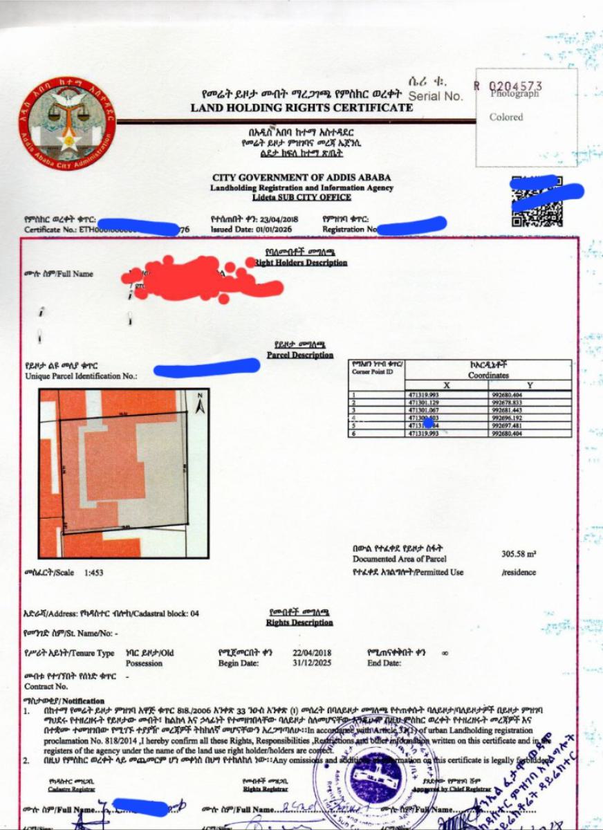 Construction Land  at Sarbet .......305 S.q.m, Sarbet, Lideta, Addis Ababa, Residential Land for Sale