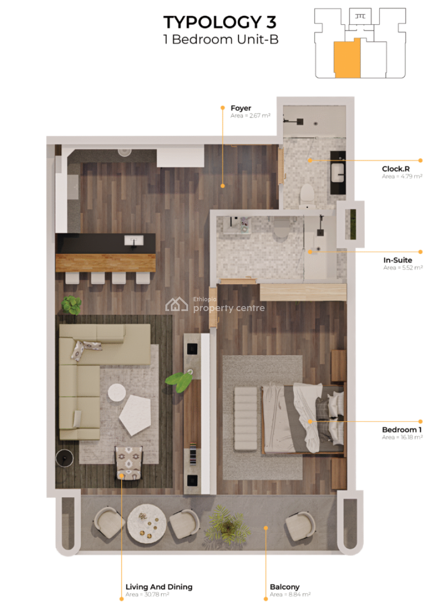 Standard One Bedroom Apartment, Piassa / Monarch / Akoya, Arada, Addis Ababa, Apartment for Sale